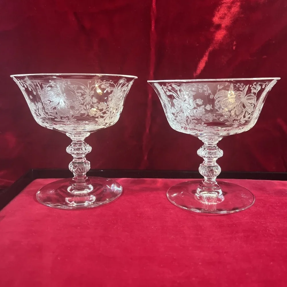 set of 2 Heisey‎ Etched glass Orchid sherbets Champagne goblets